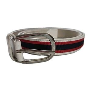 Loft Leather Belt, White, Red Navy Stripe Inlay, XS, 32